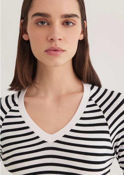 Uzun Kollu Çizgili Crop Basic Tişört 1613041-85586