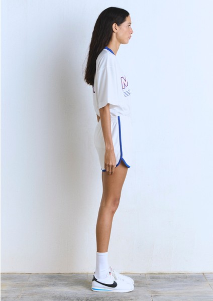 91 Baskılı Biye Detaylı Ekru Şort 1410186-70057