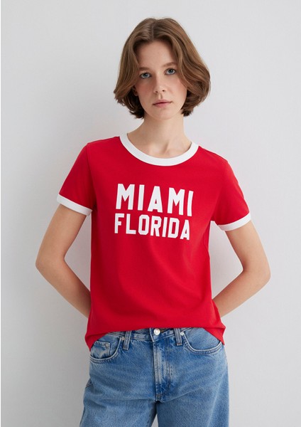 Florida Baskılı Beyaz Biyeli Kırmızı Tişört 1613062-70467