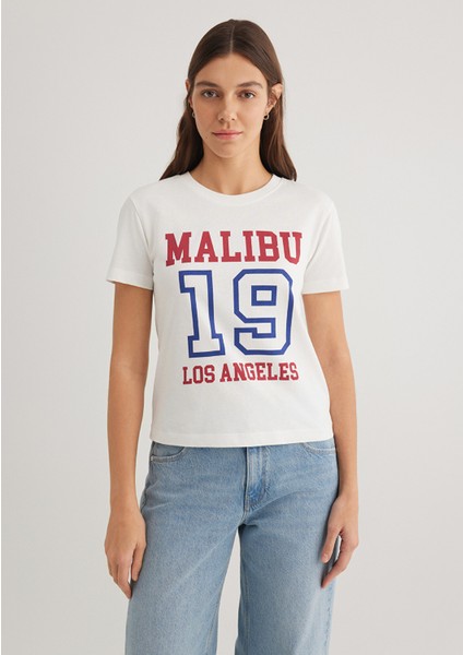 Malibu Baskılı Ekru Tişört 1613083-70057