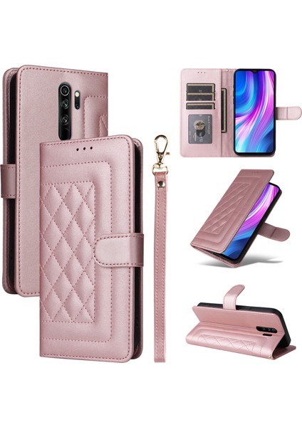 Xiaomi Redmi Note 8 Pro Için El Kayışı ve Kart Yuvalı Premium Deri Cüzdan Kılıf-Rose Gold (Yurt Dışından)