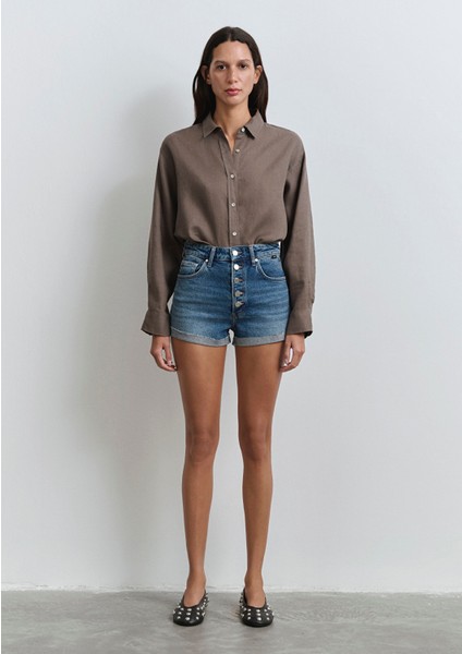 Fiora 90LAR Puslu Indigo Mavisi Jean Şort 1411222-89780