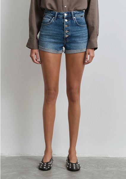 Fiora 90LAR Puslu Indigo Mavisi Jean Şort 1411222-89780