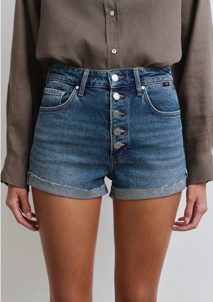 Fiora 90LAR Puslu Indigo Mavisi Jean Şort 1411222-89780