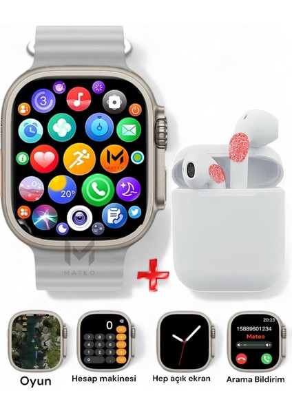 Gri 2'li Akıllı Saat ve Kablosuz Kulaklık, Android ve Ios Uyumu