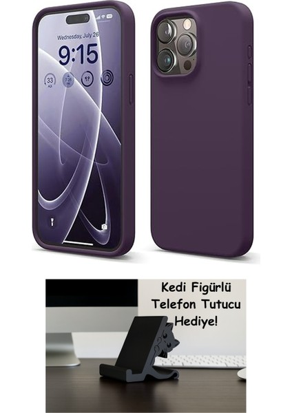 Apple iPhone 14 Pro Max Uyumlu Özel Ipeksi Dokunuş Hissi Veren Içi Yumuşak Kadife Lansman Silikon Kılıf Kapak (Derin Mor)