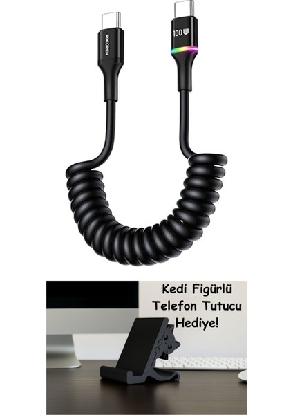 100W 5A E-Marker Çipli Spiral Type-C To Type-C Hızlı Şarj ve Data Kablosu 1.6 Metre