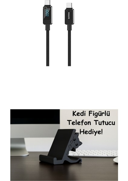 Phılıps DLC5011C Type-C - Type-C Şarj Kablosu, 100W, Hızlı Şarj, 5A Yüksek Akım, 1 Metre, Dayanıklı Örgü Kablo, Dijital Göstergeli (Siyah)