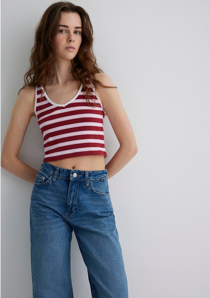 Bordo Çizgili Crop Atlet 1613086-89810