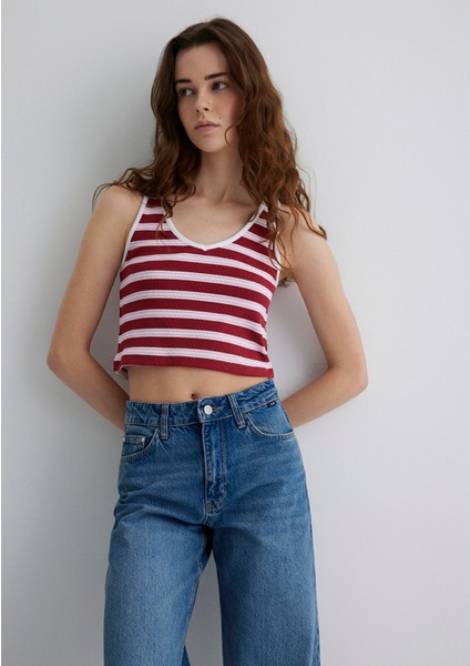 Bordo Çizgili Crop Atlet 1613086-89810