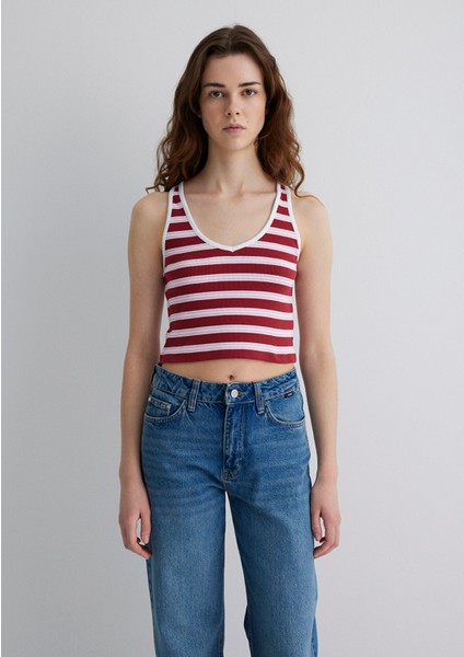 Bordo Çizgili Crop Atlet 1613086-89810