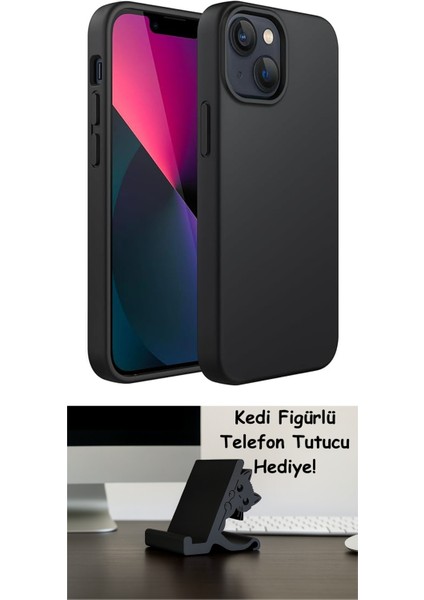 Apple iPhone 13 ve 14 Uyumlu Özel Ipeksi Dokunuş Hissi Veren Içi Yumuşak Kadife Lansman Silikon Kılıf Kapak (Siyah)