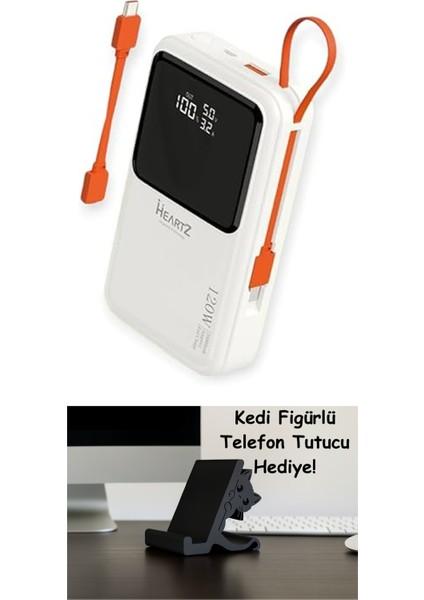 H007 20000 Mh Pd 45W ve USB 120W Fast Hızlı Şarj Dahili Type C ve Lightning Kablolu Dünya Standartlarına Uygun Polymer Batarya Birebir Amper LCD Göstergeli Powerbank