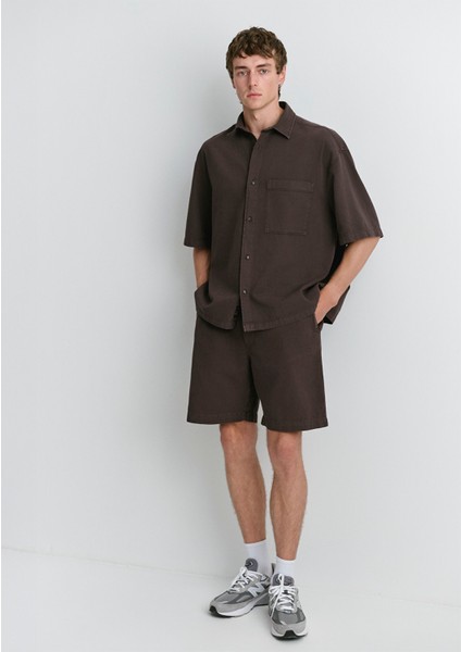 Keten Karışımlı Kahverengi Şort 0410278-86683