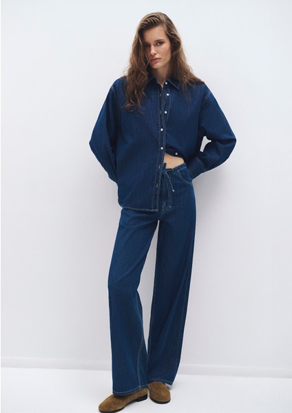 Beli Bağcıklı Lacivert Denim Pantolon 1010997-85481