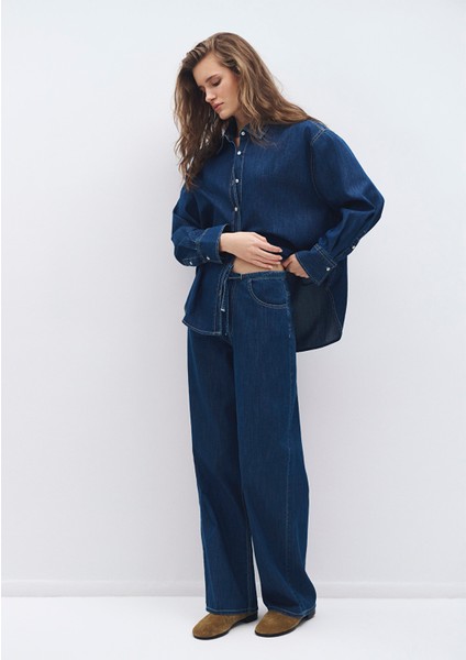 Beli Bağcıklı Lacivert Denim Pantolon 1010997-85481
