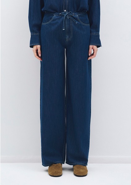 Beli Bağcıklı Lacivert Denim Pantolon 1010997-85481