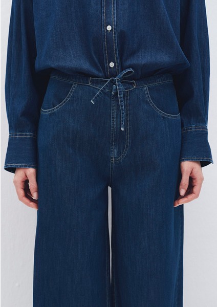 Beli Bağcıklı Lacivert Denim Pantolon 1010997-85481