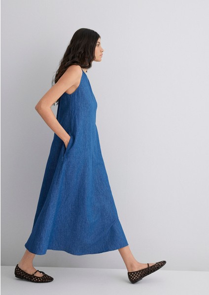 Keten Karışımlı Indigo Elbise 1310668-82052