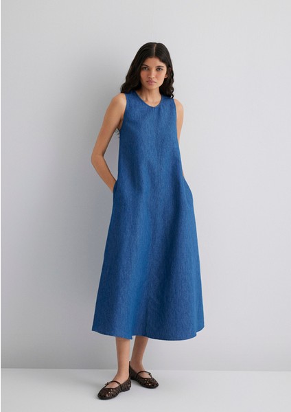 Keten Karışımlı Indigo Elbise 1310668-82052