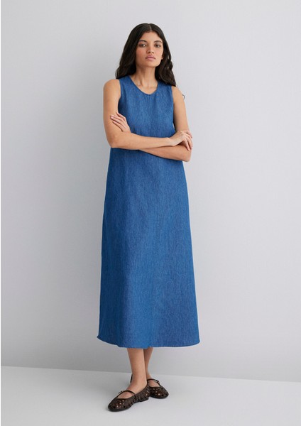 Keten Karışımlı Indigo Elbise 1310668-82052