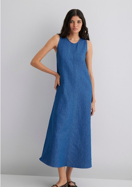 Keten Karışımlı Indigo Elbise 1310668-82052