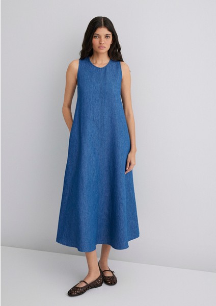Keten Karışımlı Indigo Elbise 1310668-82052