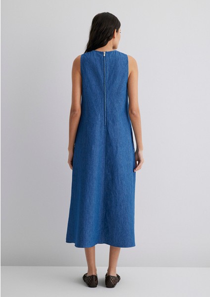 Keten Karışımlı Indigo Elbise 1310668-82052