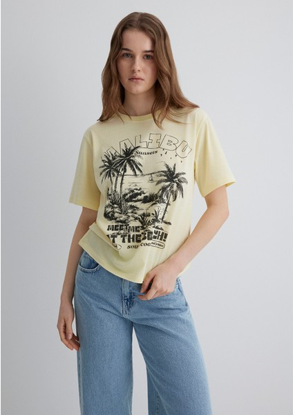 Palmiye Baskılı Sarı Tişört 1613179-71310