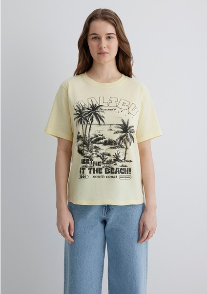 Palmiye Baskılı Sarı Tişört 1613179-71310