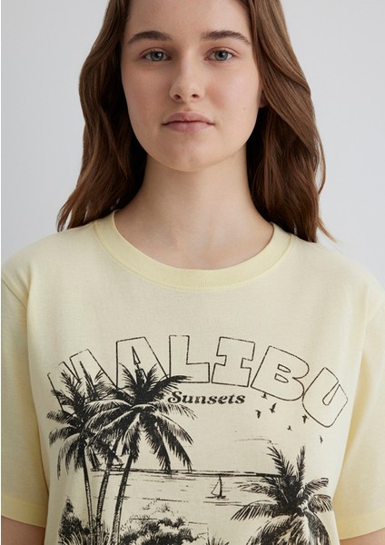 Palmiye Baskılı Sarı Tişört 1613179-71310
