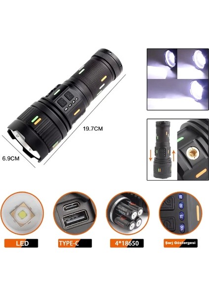Pro F-3001 Alüminyum Tg LED Güç Göstergeli Type-C Şarjlı El Feneri 100 W - Lisinya