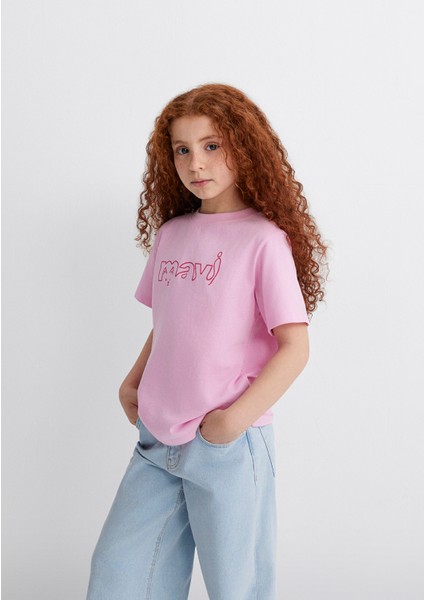 Mavi Logo Kedi Baskılı Pembe Tişört 7610338-70973