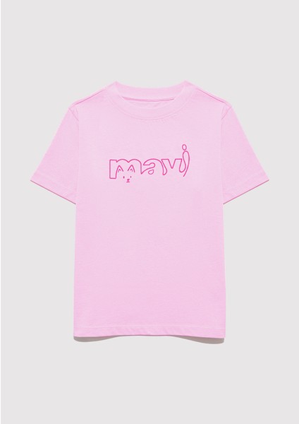 Mavi Logo Kedi Baskılı Pembe Tişört 7610338-70973