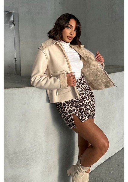 Açık Taş Kadın Lamine Deri Ceket Modern Premium Luxury Trend Tasarım Mont