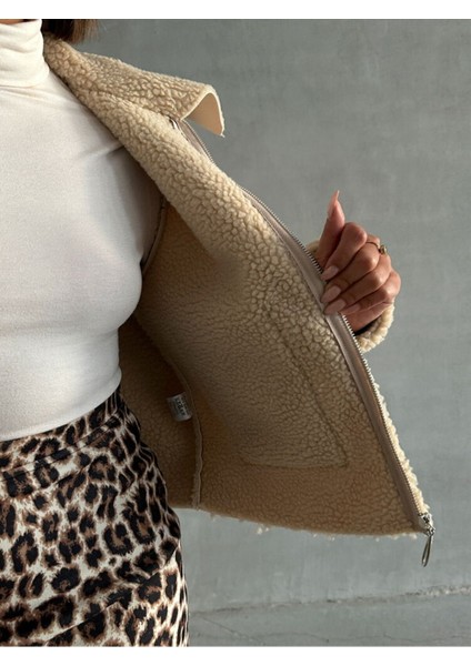 Açık Taş Kadın Lamine Deri Ceket Modern Premium Luxury Trend Tasarım Mont modelleri