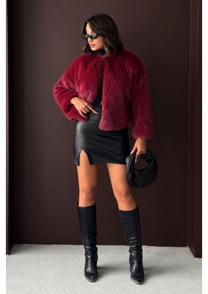 Bordo Kadın Suni Kürk Ceket Modern Premium Luxury Trend Tasarım Mont