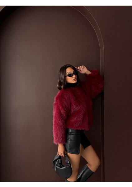 Bordo Kadın Suni Kürk Ceket Modern Premium Luxury Trend Tasarım Mont fiyatları