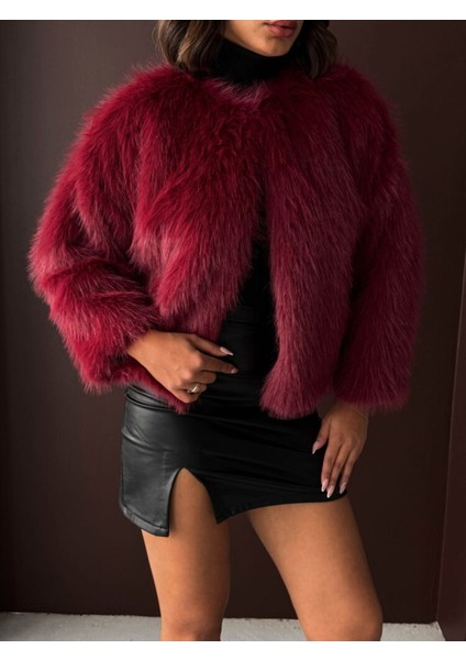 Bordo Kadın Suni Kürk Ceket Modern Premium Luxury Trend Tasarım Mont modelleri