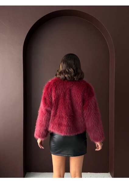 Bordo Kadın Suni Kürk Ceket Modern Premium Luxury Trend Tasarım Mont fırsatları
