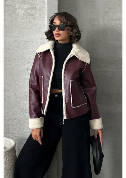 Bordo-Krem Taş Kadın Lamine Deri Ceket Modern Premium Luxury Trend Tasarım Mont