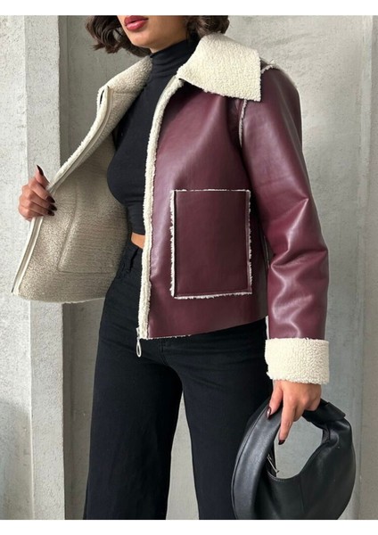 Bordo-Krem Taş Kadın Lamine Deri Ceket Modern Premium Luxury Trend Tasarım Mont fiyatları