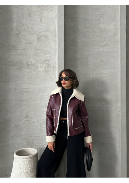 Bordo-Krem Taş Kadın Lamine Deri Ceket Modern Premium Luxury Trend Tasarım Mont modelleri