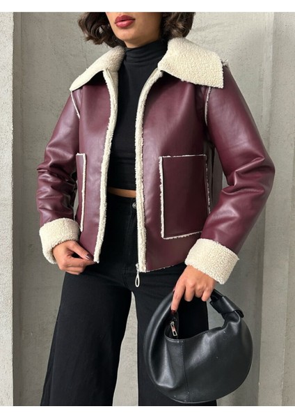 Bordo-Krem Taş Kadın Lamine Deri Ceket Modern Premium Luxury Trend Tasarım Mont fırsatları