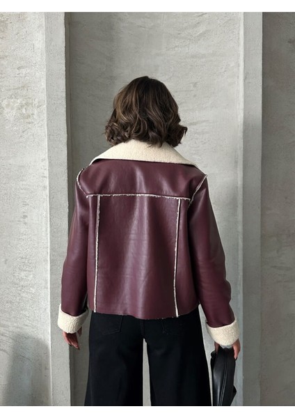Bordo-Krem Taş Kadın Lamine Deri Ceket Modern Premium Luxury Trend Tasarım Mont indirimleri