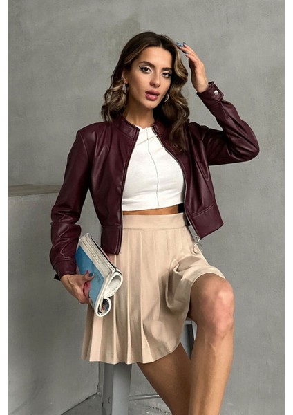 Bordo Kadın Deri Crop Ceket Halka Detaylı