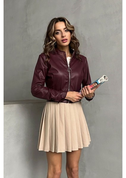 Bordo Kadın Deri Crop Ceket Halka Detaylı modelleri