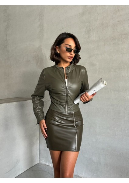 Haki Kadın Deri Crop Ceket Halka Detaylı fiyatları