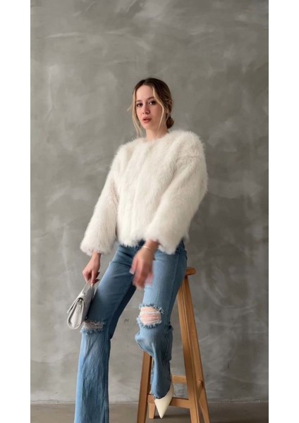 Beyaz Kadın Suni Kürk Ceket Modern Premium Luxury Trend Tasarım Mont modelleri