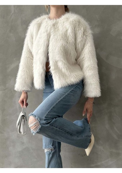 Beyaz Kadın Suni Kürk Ceket Modern Premium Luxury Trend Tasarım Mont fırsatları